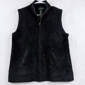 Lauren Ralph Lauren Suede Front Sweater Vest Luxury Ribbed Knit Black Large